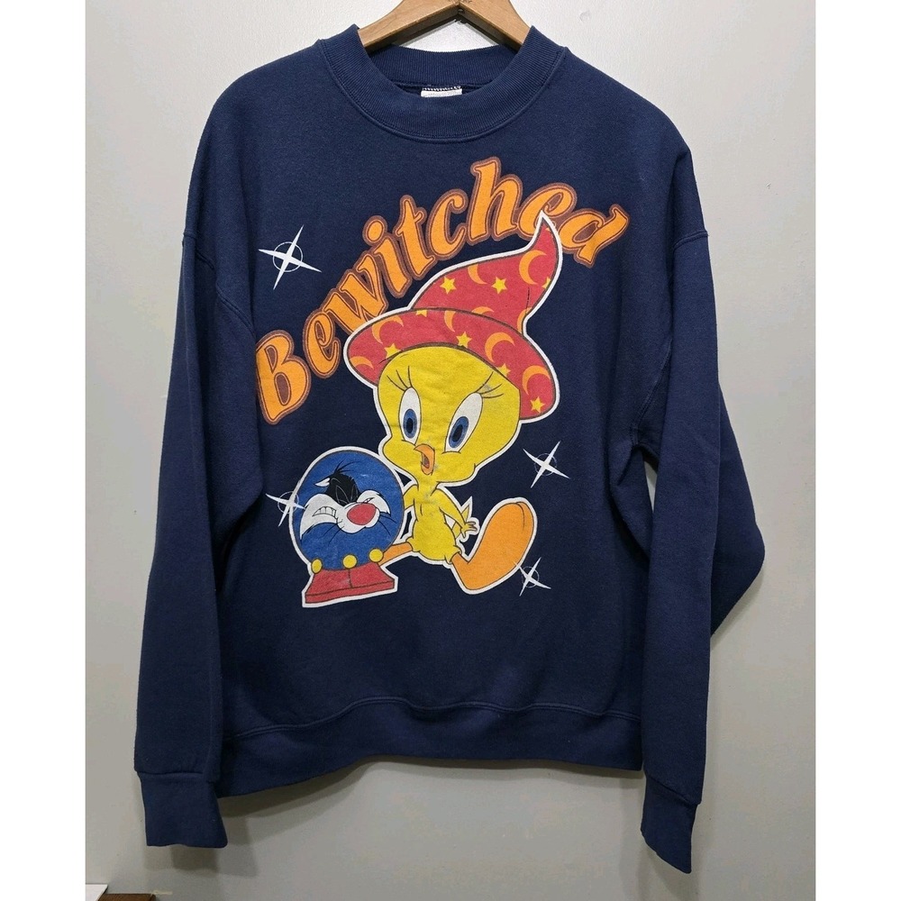 Vtg 1997 Looney Tunes Tweety Bird Bewitched Navy Sweatshirt Large Halloween WB
